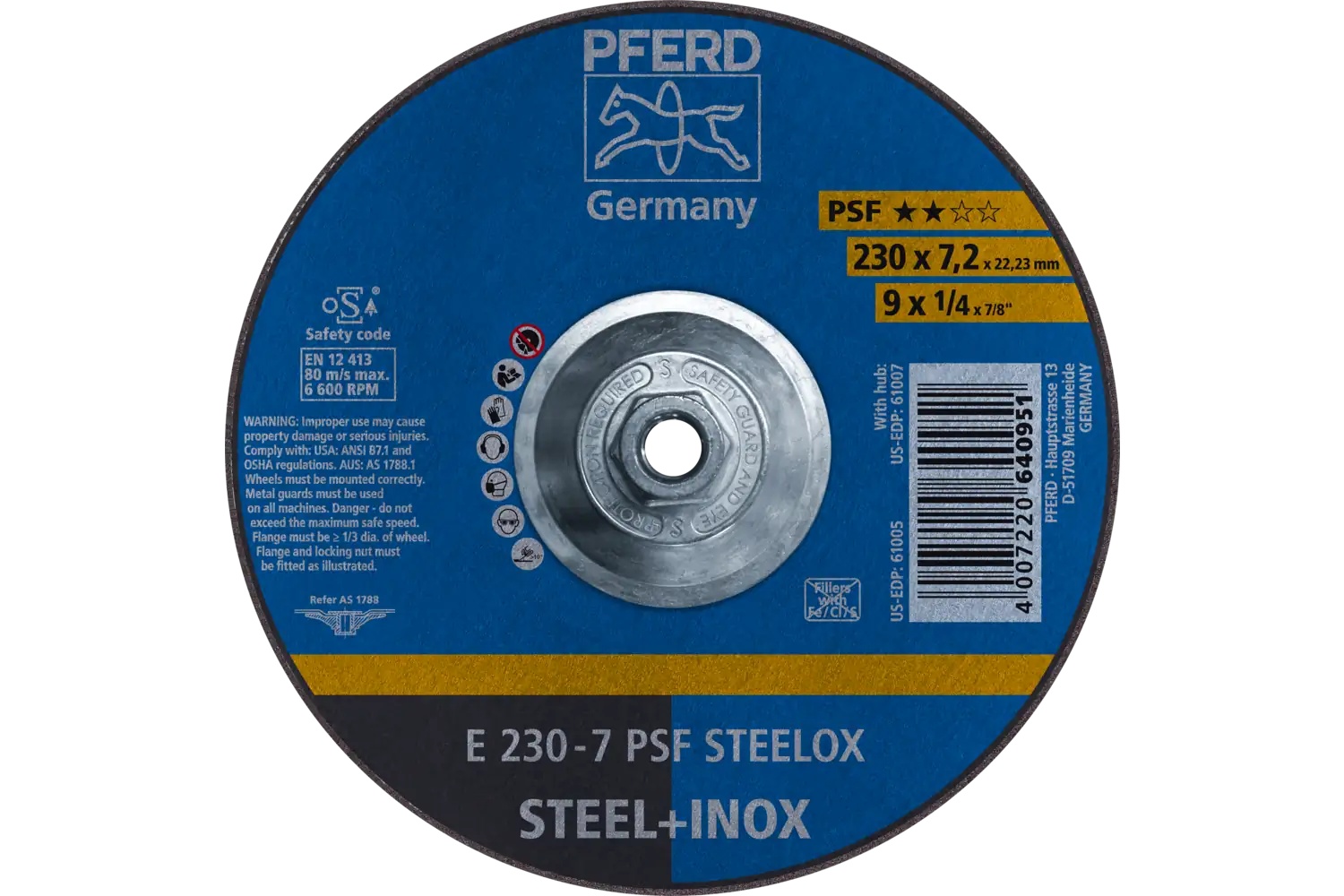 Picture of Pferd Grinding Wheel, 9" X 1/4 X 5/8-11, Psf Steelox, T27, Aluminum Oxide